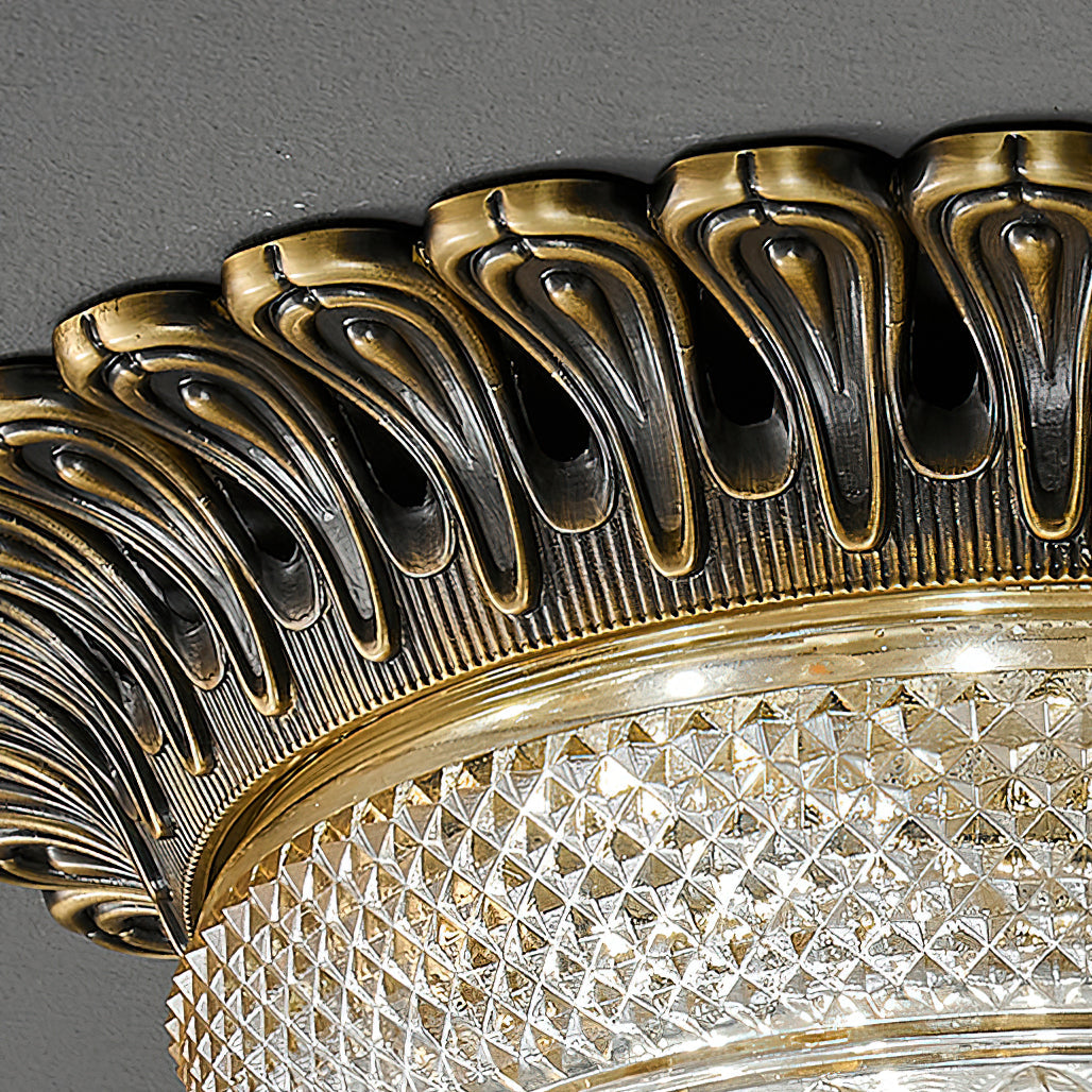 Carved Glass Flush Mount Ceiling Light – Vintage Brass Crystal Fixture