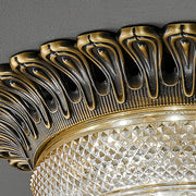Carved Glass Flush Mount Ceiling Light – Vintage Brass Crystal Fixture