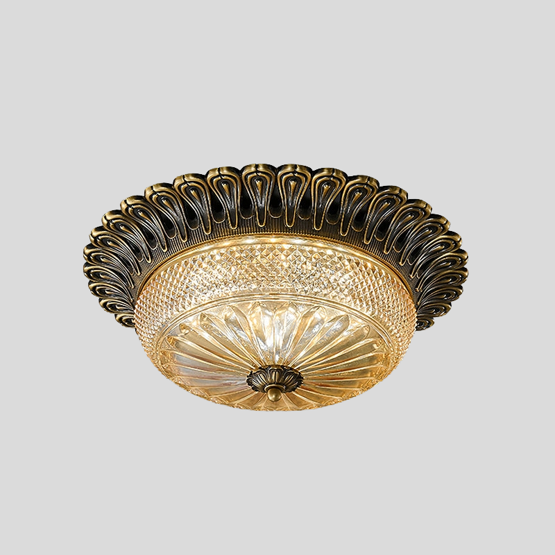 Carved Glass Flush Mount Ceiling Light – Vintage Brass Crystal Fixture