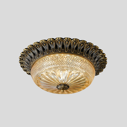 Carved Glass Flush Mount Ceiling Light – Vintage Brass Crystal Fixture