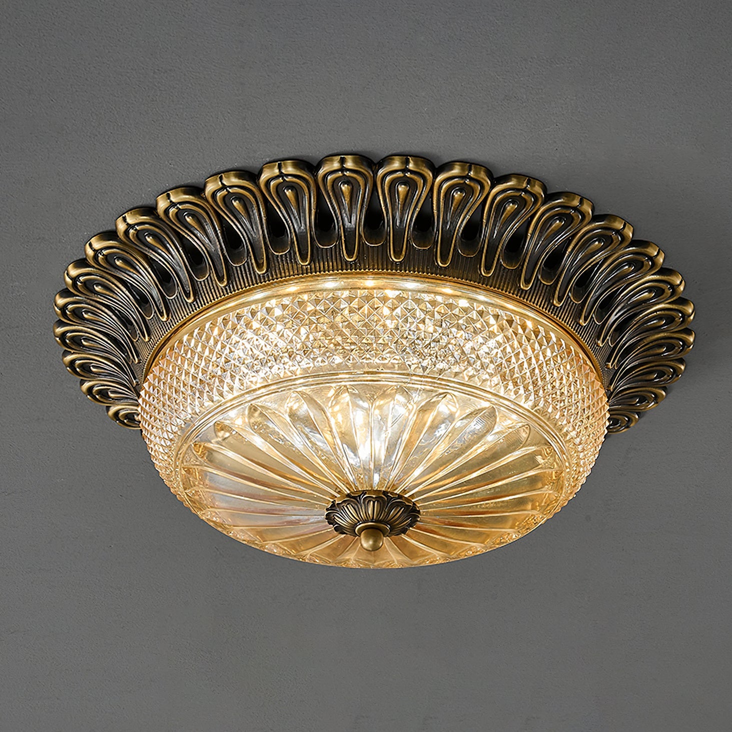 Carved Glass Flush Mount Ceiling Light – Vintage Brass Crystal Fixture