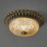 Carved Glass Flush Mount Ceiling Light – Vintage Brass Crystal Fixture