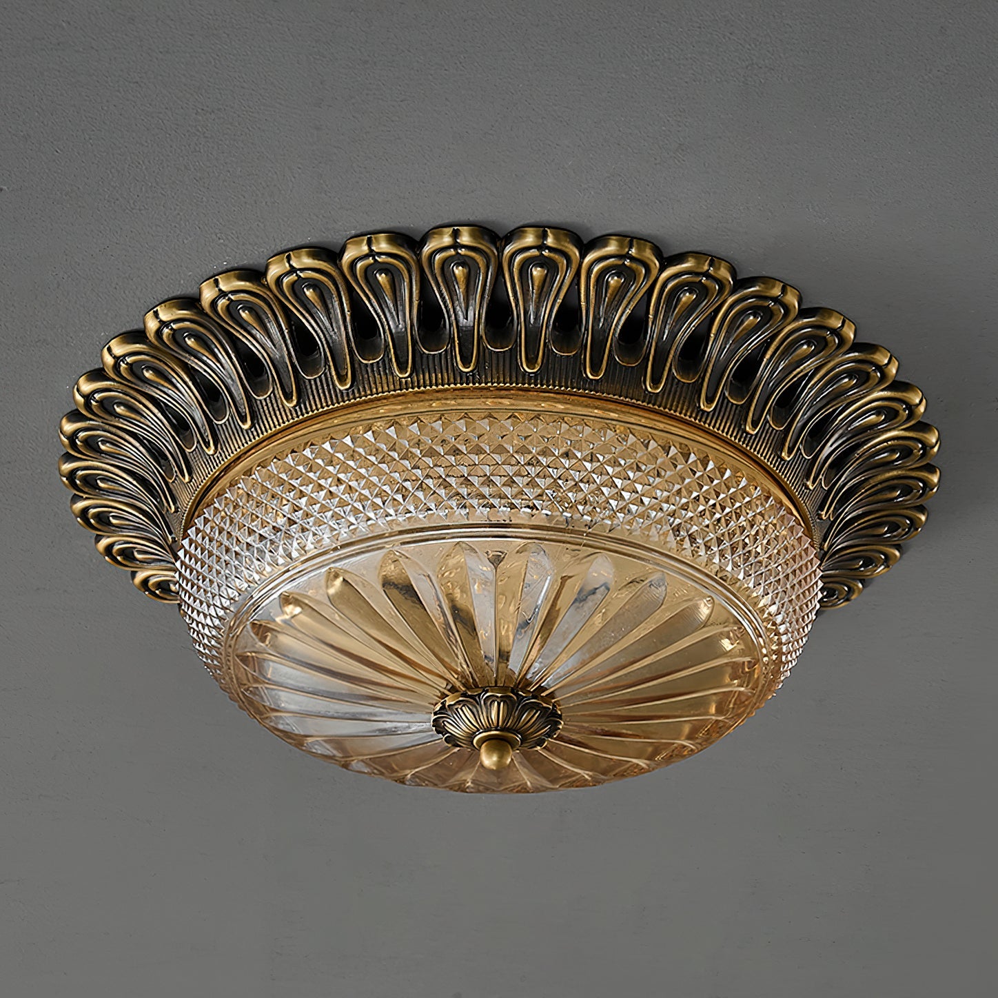 Carved Glass Flush Mount Ceiling Light – Vintage Brass Crystal Fixture