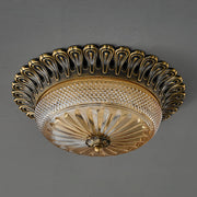 Carved Glass Flush Mount Ceiling Light – Vintage Brass Crystal Fixture