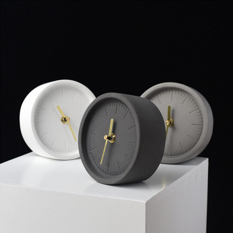 Caldex Round Desk Clock – Concrete Analog Minimalist Modern Table Clock Battery Operated Silent Home Office