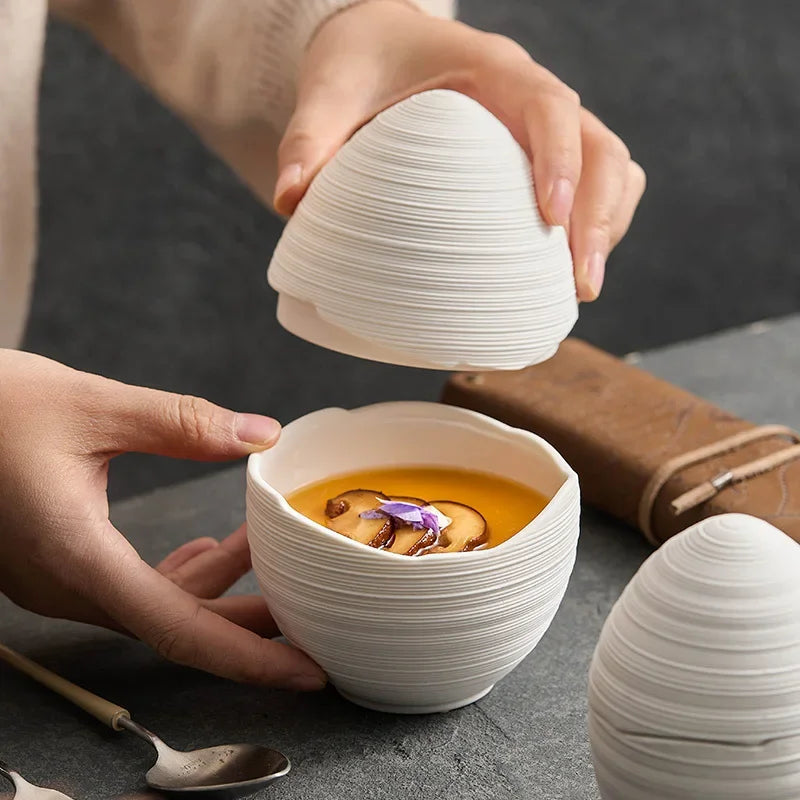Ovalyn Ceramic Egg Bowl – White Textured Decorative Storage Jar Lidded Container Modern Home Decor