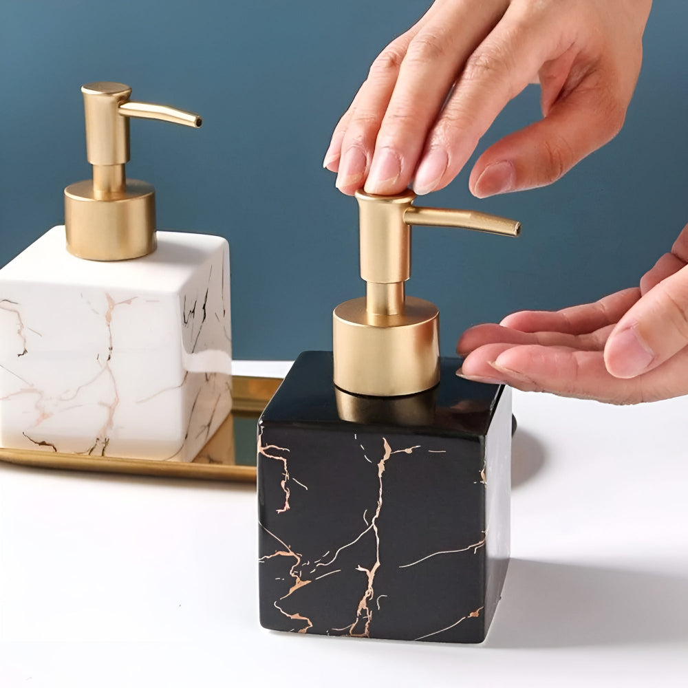 Vellaro Soap Dispenser – Marble Ceramic Bathroom Countertop Accessory Brushed Gold Pump Bottle
