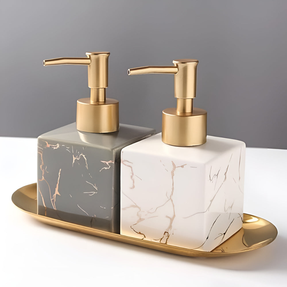 Vellaro Soap Dispenser – Marble Ceramic Bathroom Countertop Accessory Brushed Gold Pump Bottle