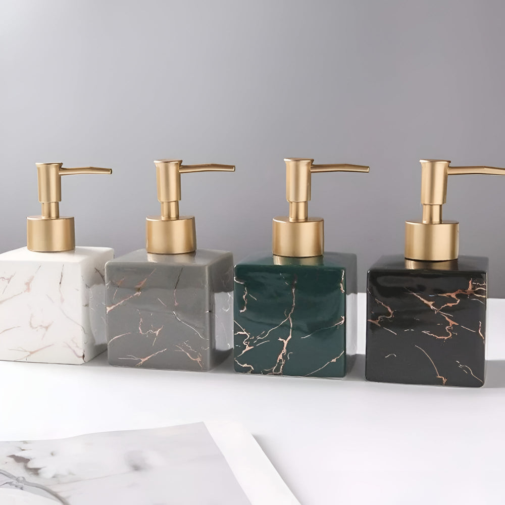 Vellaro Soap Dispenser – Marble Ceramic Bathroom Countertop Accessory Brushed Gold Pump Bottle