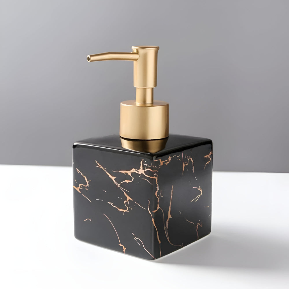 Vellaro Soap Dispenser – Marble Ceramic Bathroom Countertop Accessory Brushed Gold Pump Bottle