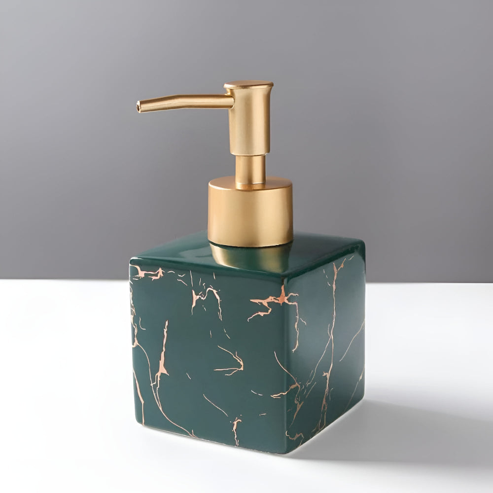 Vellaro Soap Dispenser – Marble Ceramic Bathroom Countertop Accessory Brushed Gold Pump Bottle