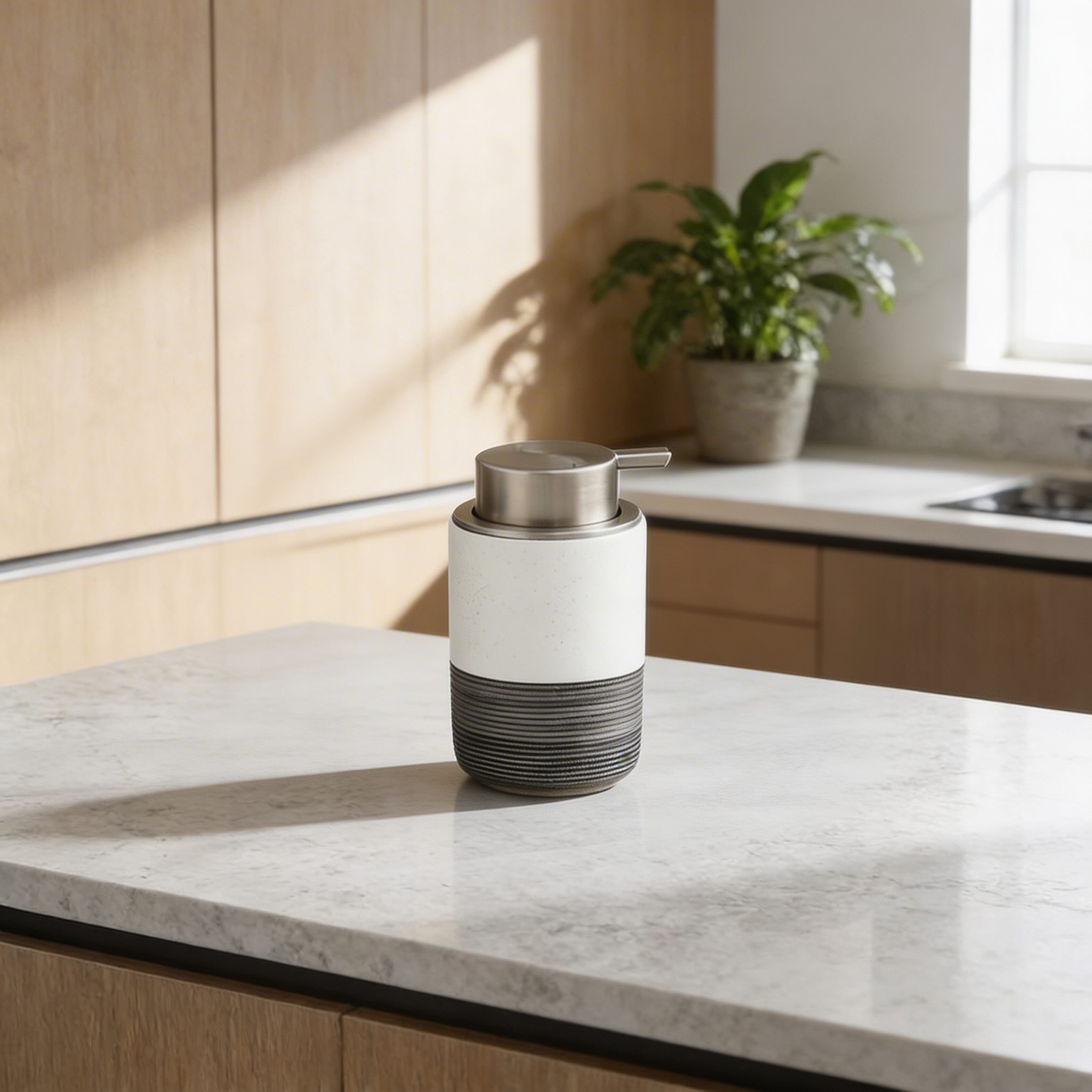 Stratum Ridge Soap Dispenser – Ceramic Bathroom Pump Bottle Matte White Gray Textured Kitchen