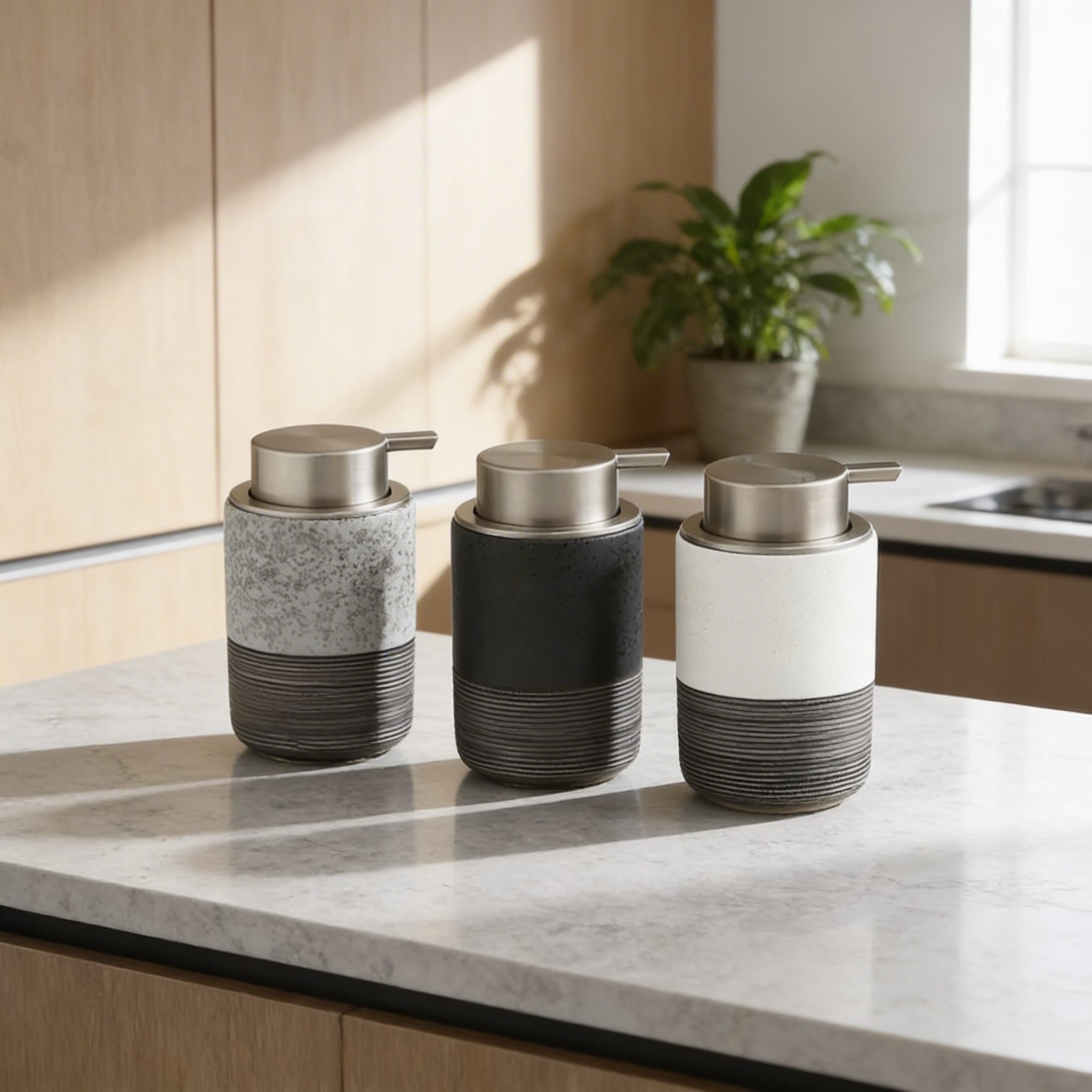 Stratum Ridge Soap Dispenser – Ceramic Bathroom Pump Bottle Matte White Gray Textured Kitchen