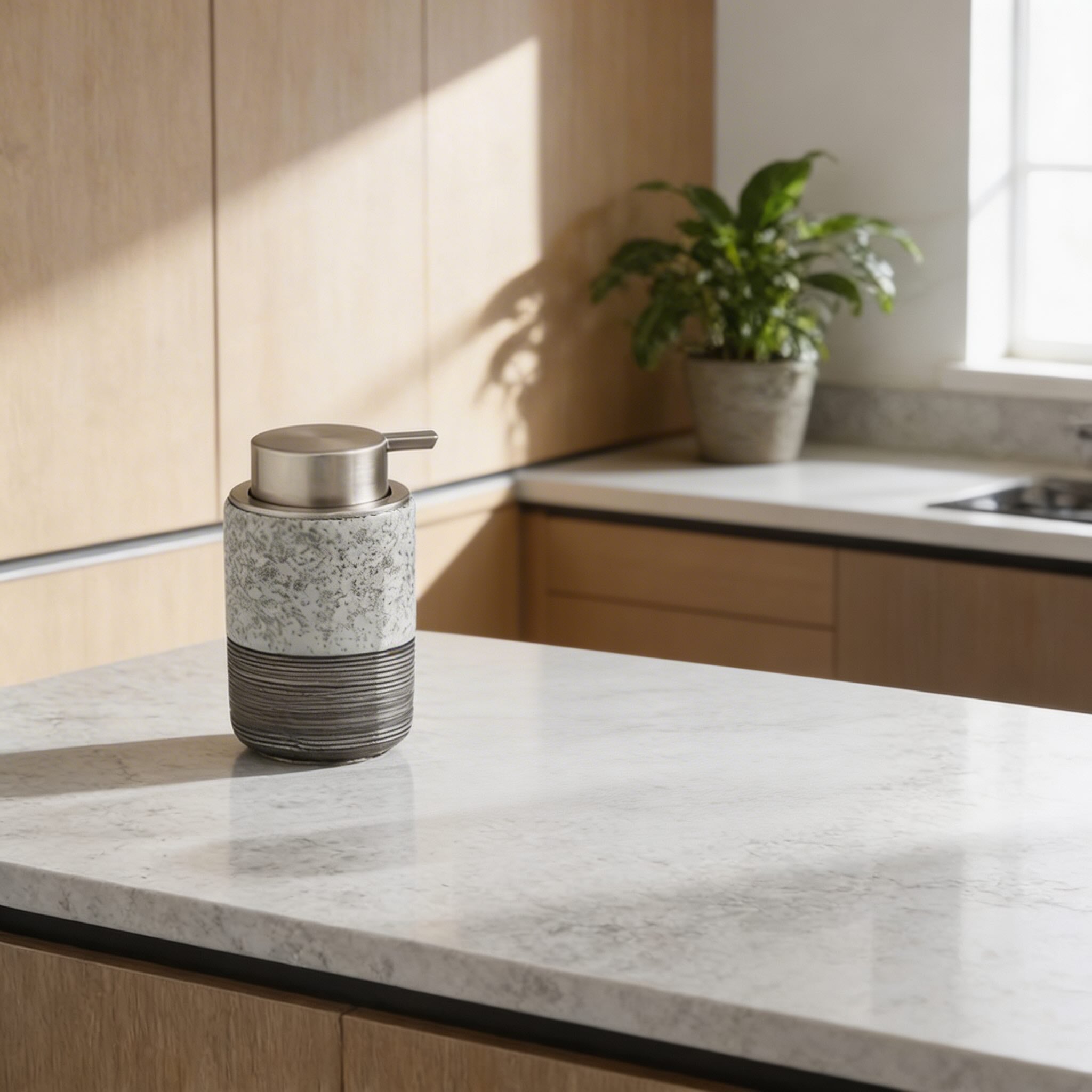 Stratum Ridge Soap Dispenser – Ceramic Bathroom Pump Bottle Matte White Gray Textured Kitchen