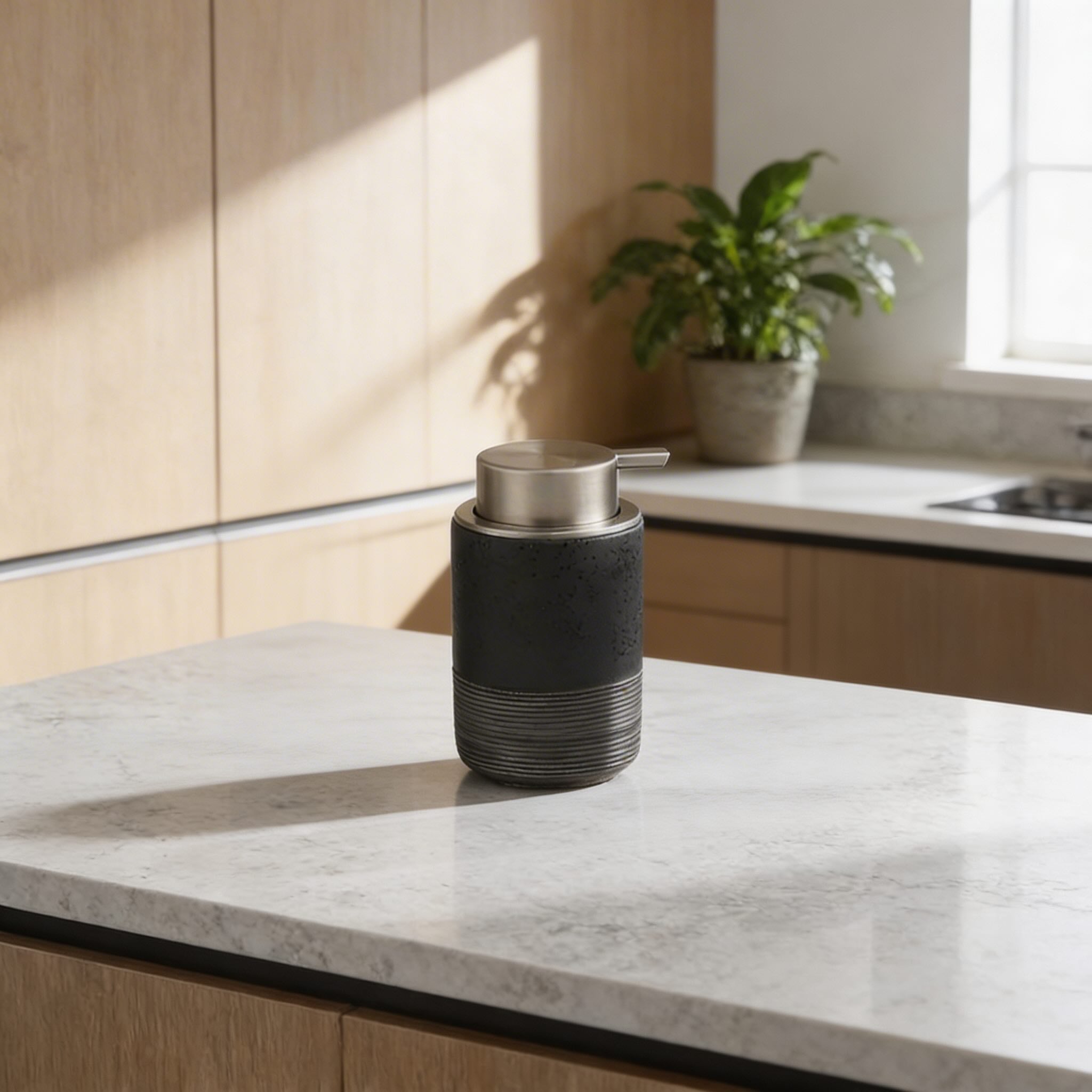 Stratum Ridge Soap Dispenser – Ceramic Bathroom Pump Bottle Matte White Gray Textured Kitchen