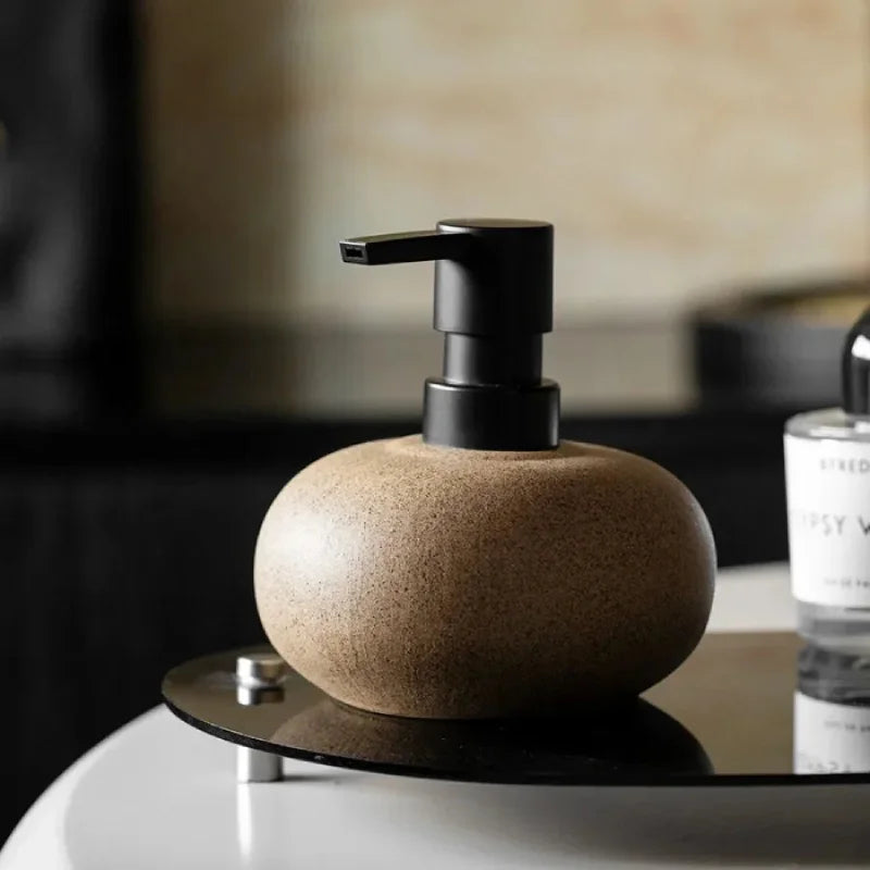 Riverstone Soap Dispenser – Ceramic Matte Brown Pebble Bathroom Kitchen Countertop Accessory Decorative