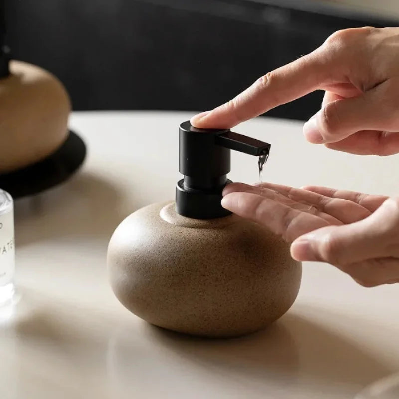 Riverstone Soap Dispenser – Ceramic Matte Brown Pebble Bathroom Kitchen Countertop Accessory Decorative