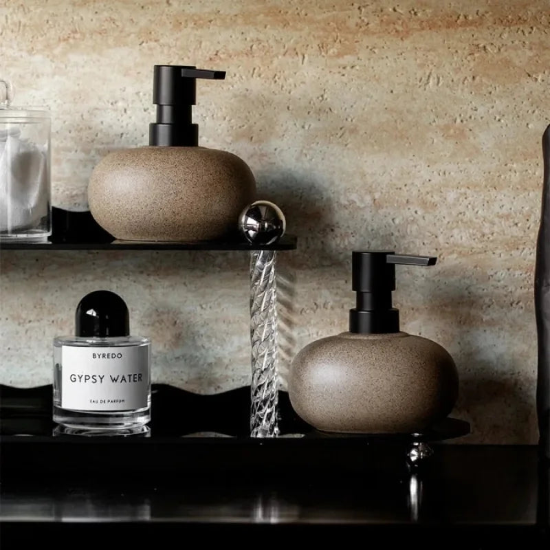 Riverstone Soap Dispenser – Ceramic Matte Brown Pebble Bathroom Kitchen Countertop Accessory Decorative
