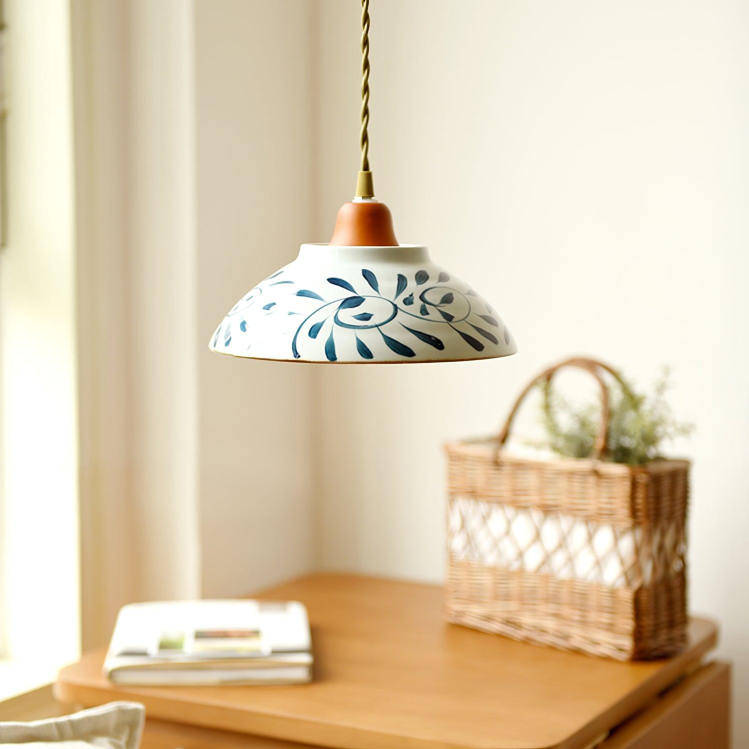 Arden Hand-Painted Ceramic Pendant - Blue Pattern Hanging Ceiling Light