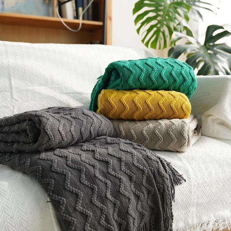 Caspien Throw Blanket – Chevron Textured Turquoise Tassels Sofa Couch Living Room Bedroom Decor Acrylic