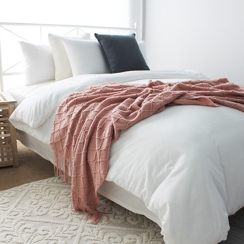 Caspien Throw Blanket – Chevron Textured Turquoise Tassels Sofa Couch Living Room Bedroom Decor Acrylic