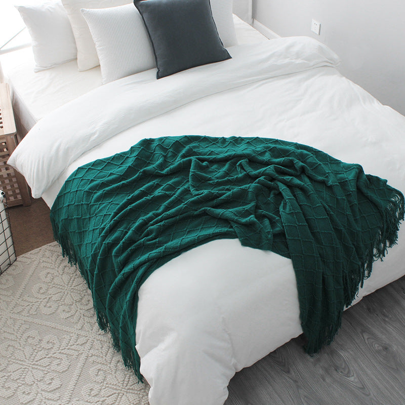 Caspien Throw Blanket – Chevron Textured Turquoise Tassels Sofa Couch Living Room Bedroom Decor Acrylic