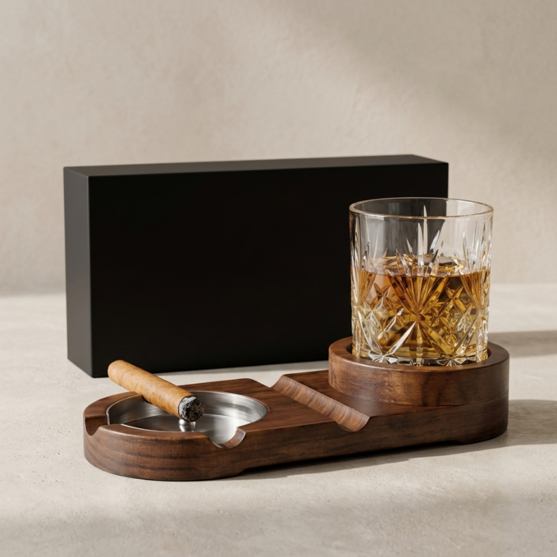 Valdero Cigar Ashtray Set – Walnut Wood Crystal Glass Whiskey Holder Luxury Smoking Accessories Gift