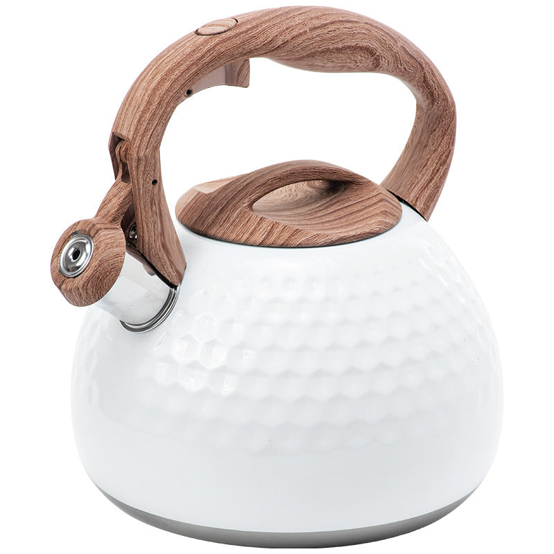 Honeycomb Tea Kettle – Stainless Steel Stovetop Whistling Teapot Wood Handle White Modern Kitchen