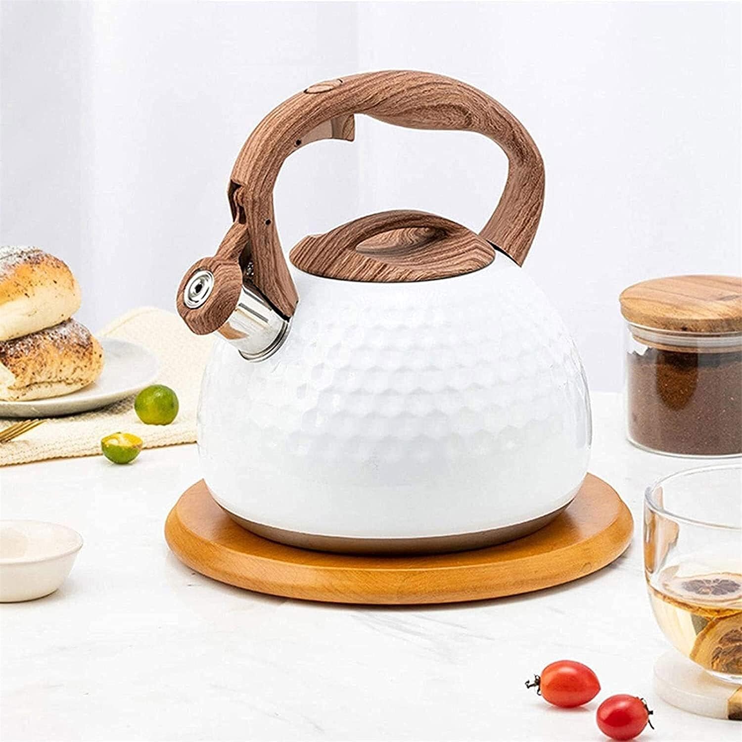 Honeycomb Tea Kettle – Stainless Steel Stovetop Whistling Teapot Wood Handle White Modern Kitchen