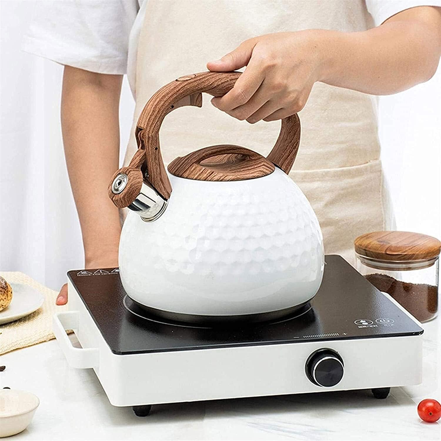 Honeycomb Tea Kettle – Stainless Steel Stovetop Whistling Teapot Wood Handle White Modern Kitchen