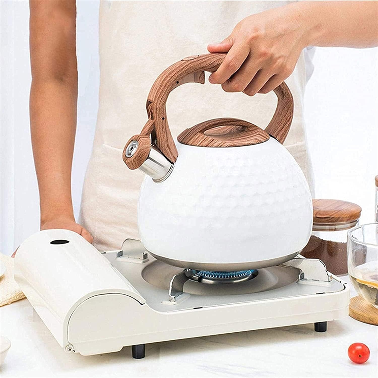 Honeycomb Tea Kettle – Stainless Steel Stovetop Whistling Teapot Wood Handle White Modern Kitchen