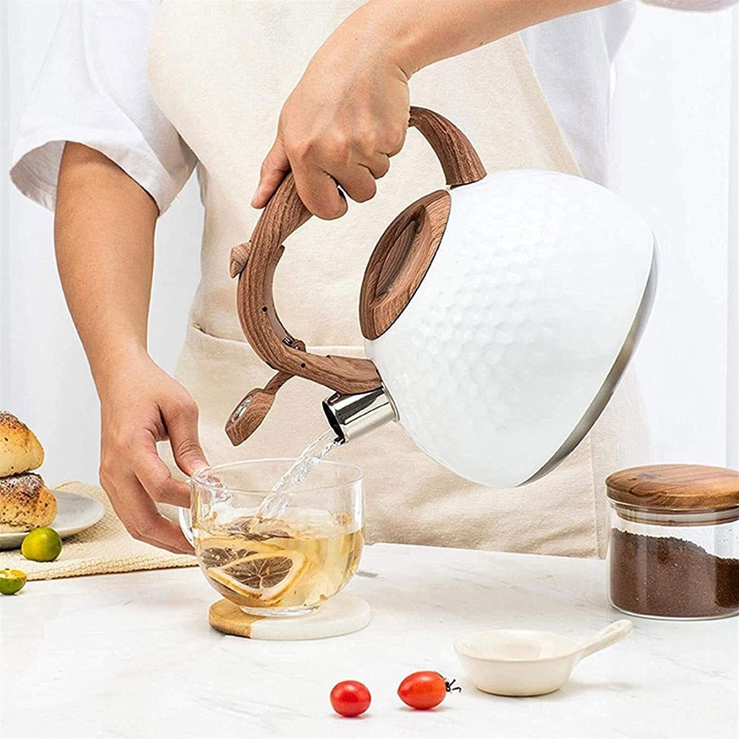 Honeycomb Tea Kettle – Stainless Steel Stovetop Whistling Teapot Wood Handle White Modern Kitchen