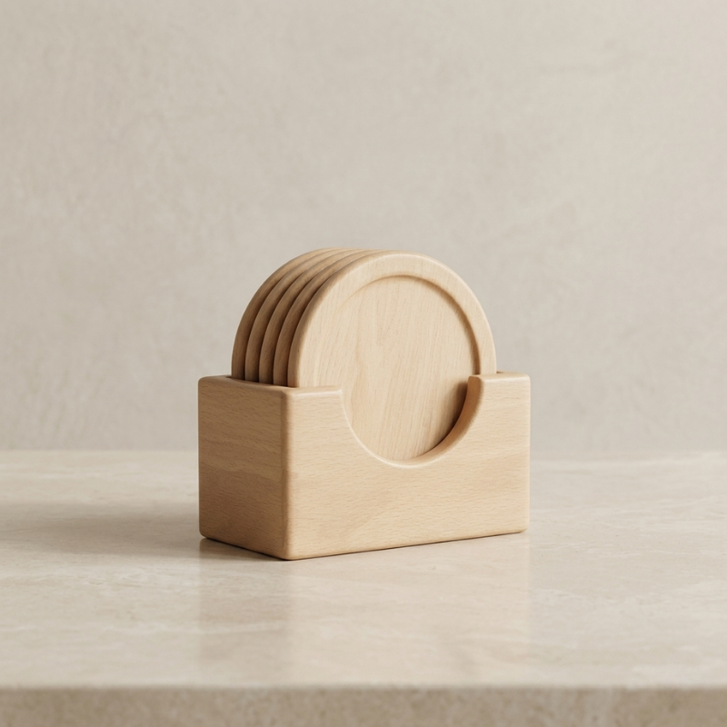 Ridgemont Wood Coaster Set – Round Beverage Coasters Holder Wooden Table Decor Living Room