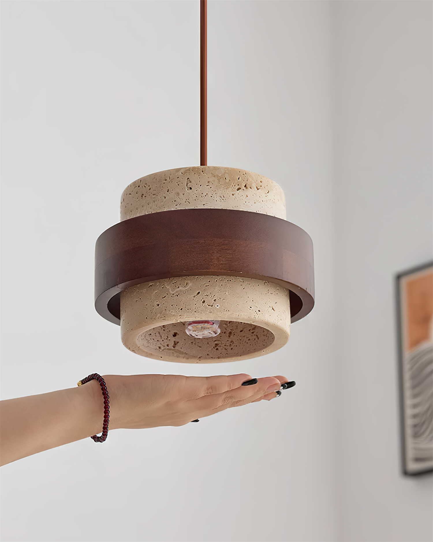 Eaden Travertine Pendant Lamp – Natural Stone Pendant Light With Walnut Wood Band Modern Living