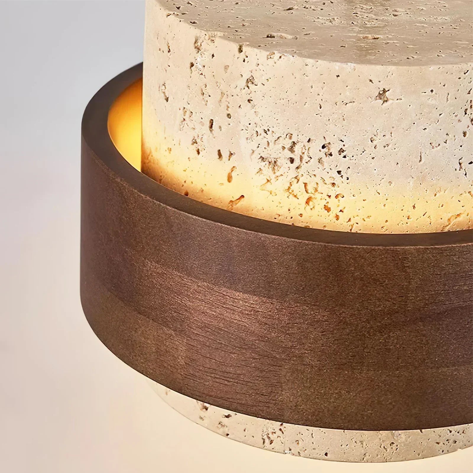 Travertine Cylinder Wall Sconce – Natural Travertine Wall Light Walnut Ring Matte Black Arm Diffused Light