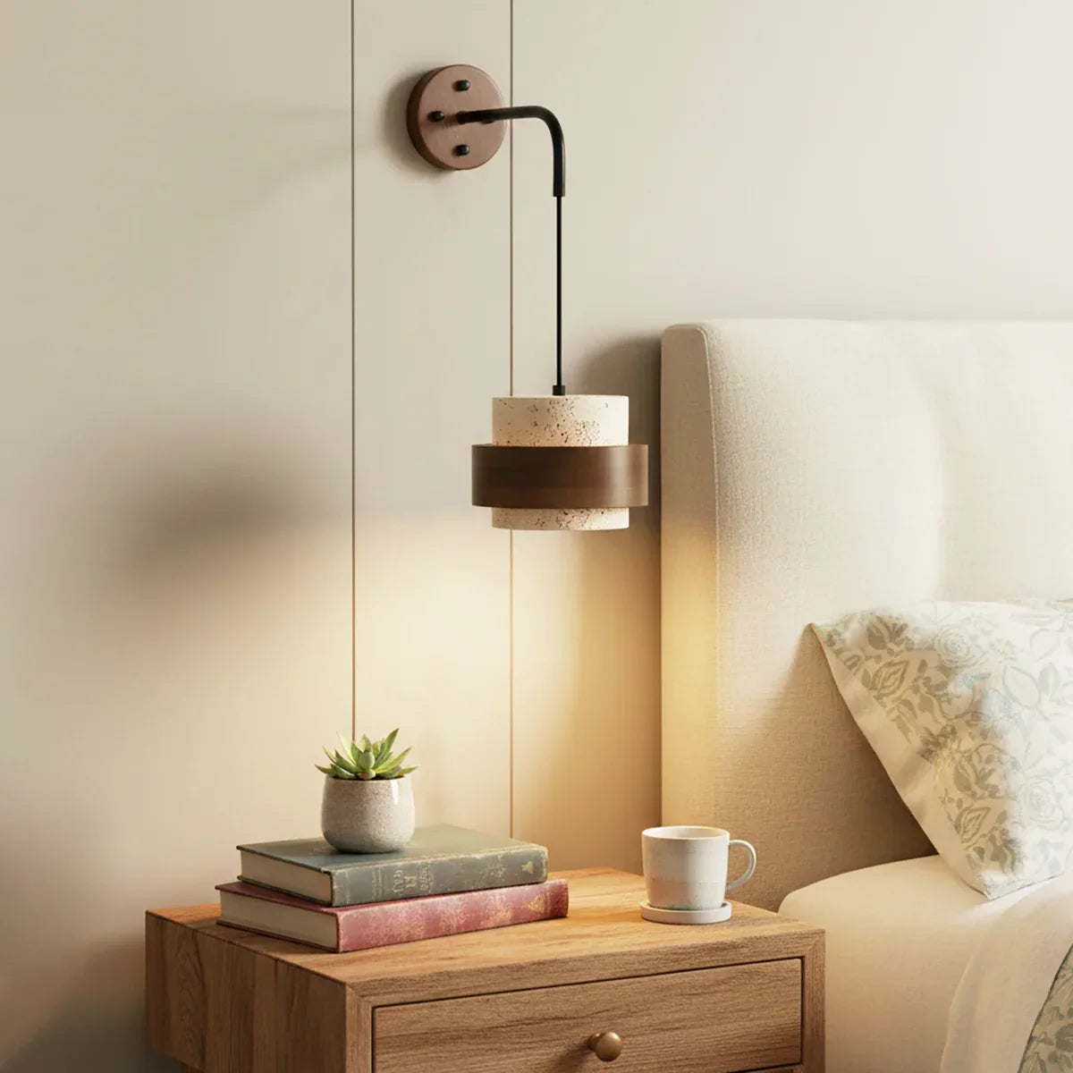 Travertine Cylinder Wall Sconce – Natural Travertine Wall Light Walnut Ring Matte Black Arm Diffused Light
