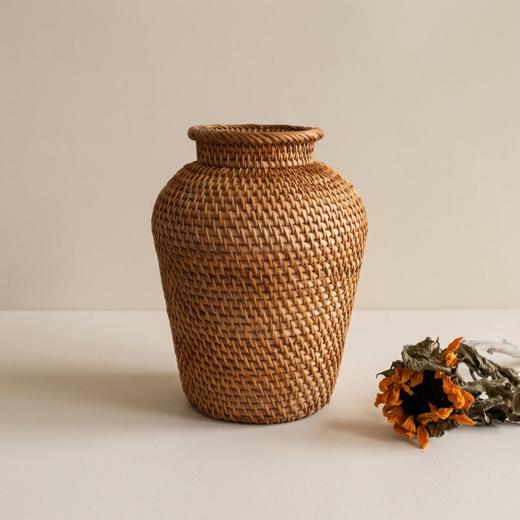 Tessaro Woven Vase – Handcrafted Rattan Decorative Vase Natural Wicker Table Centerpiece Boho