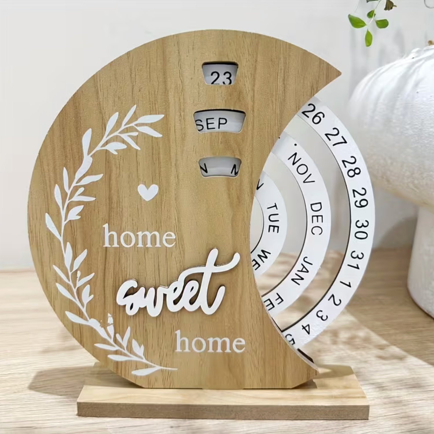 Crescen Perpetual Calendar – Wooden Desktop Calendar Rotating Date Wheel Month Day Home Decor