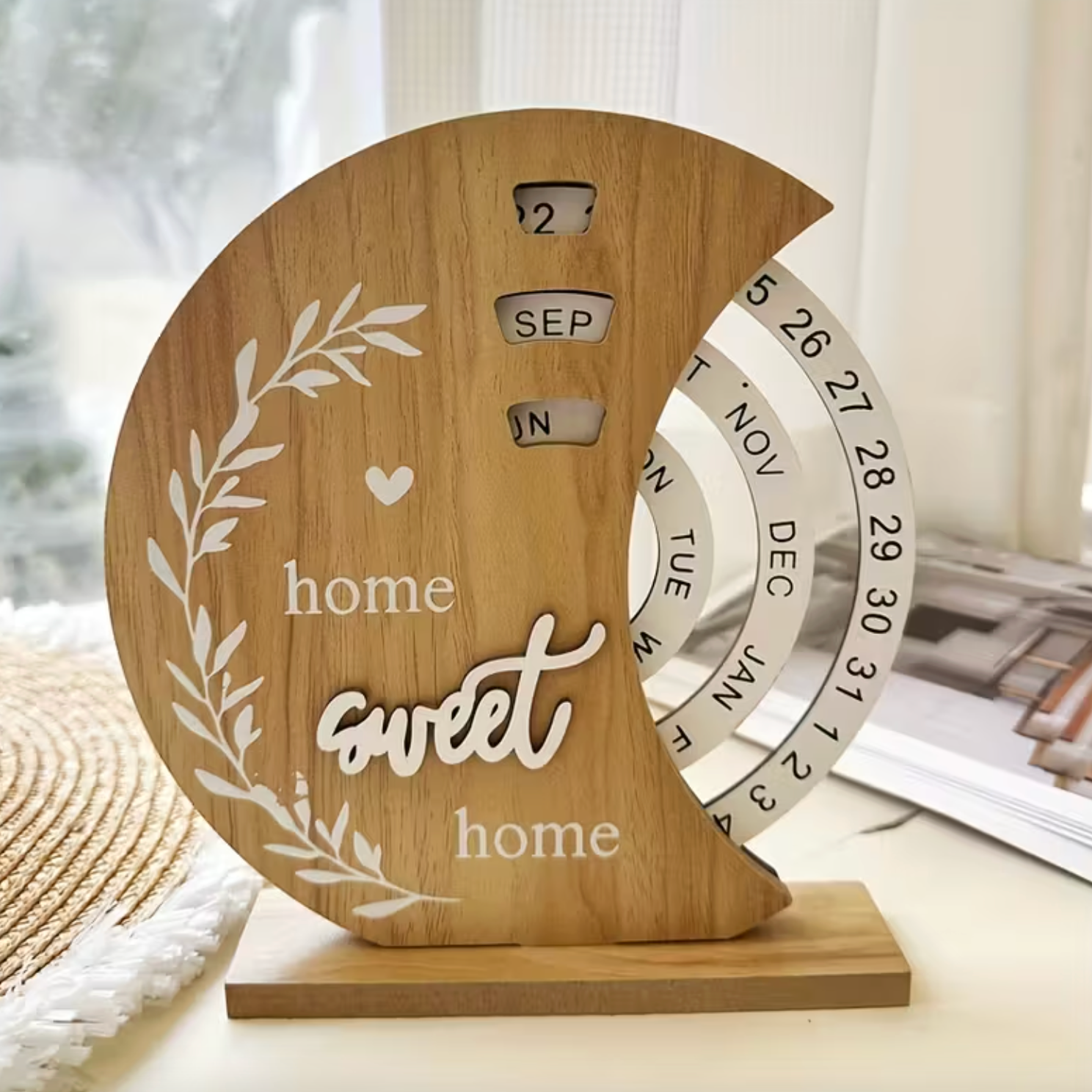 Crescen Perpetual Calendar – Wooden Desktop Calendar Rotating Date Wheel Month Day Home Decor