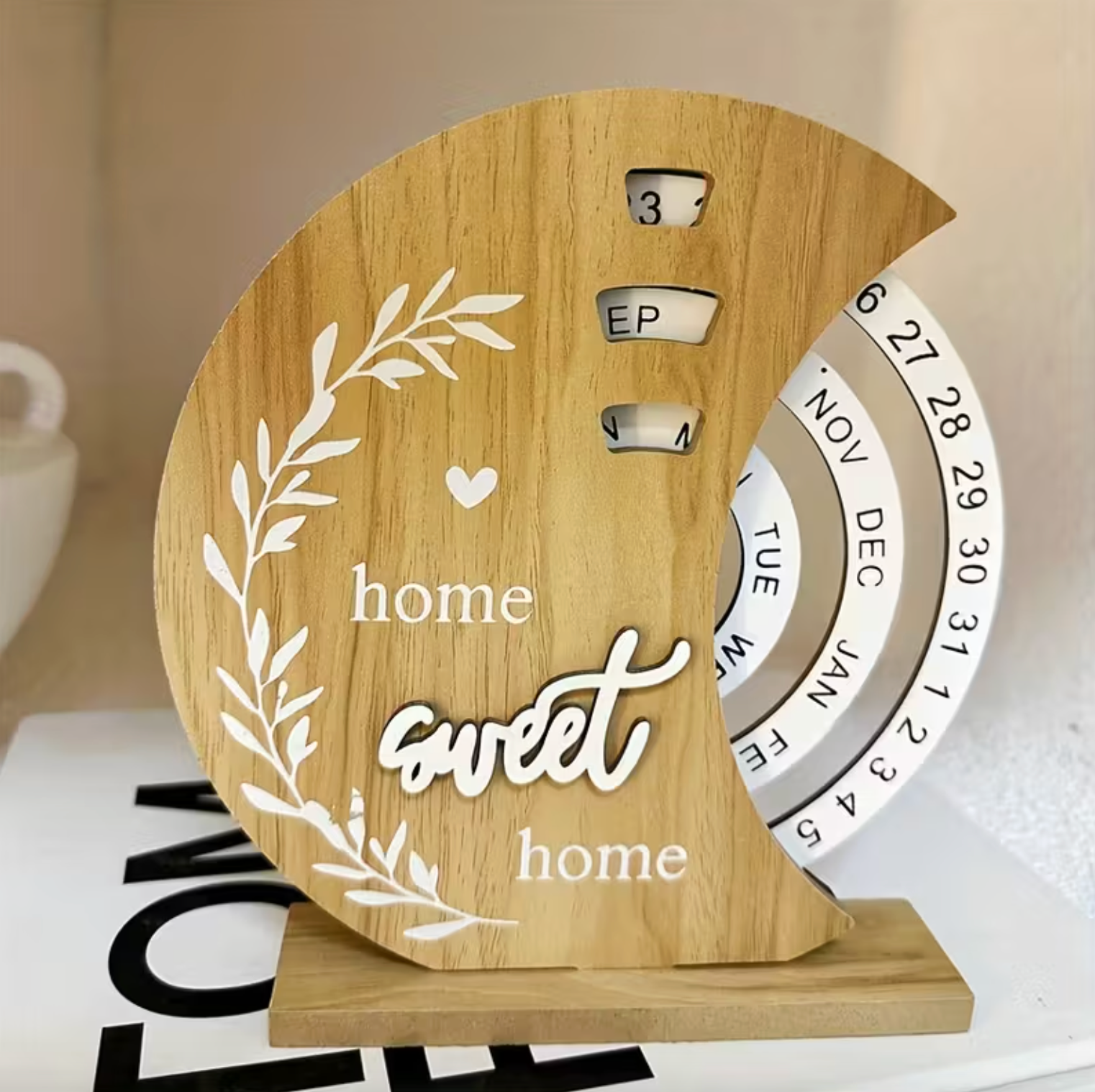 Crescen Perpetual Calendar – Wooden Desktop Calendar Rotating Date Wheel Month Day Home Decor