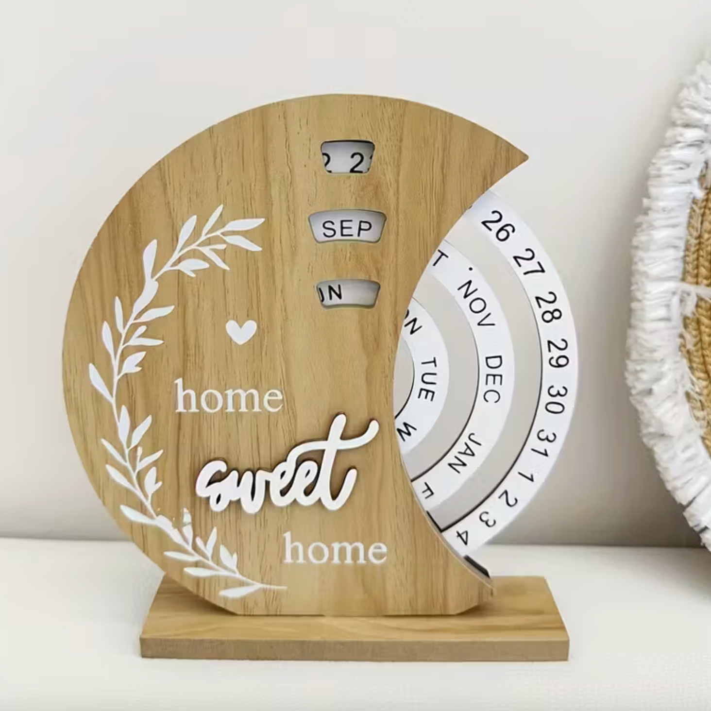 Crescen Perpetual Calendar – Wooden Desktop Calendar Rotating Date Wheel Month Day Home Decor