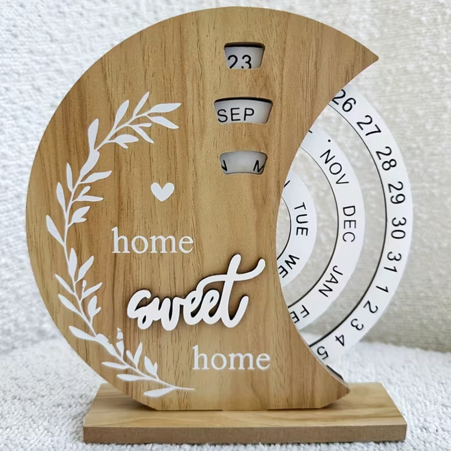 Crescen Perpetual Calendar – Wooden Desktop Calendar Rotating Date Wheel Month Day Home Decor