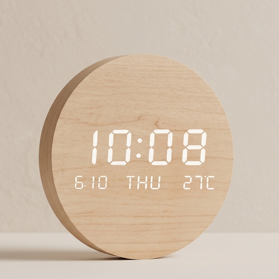 Tempus Round Digital Clock – LED Wooden Alarm Clock Temperature Display Bedroom Office Desk Decor