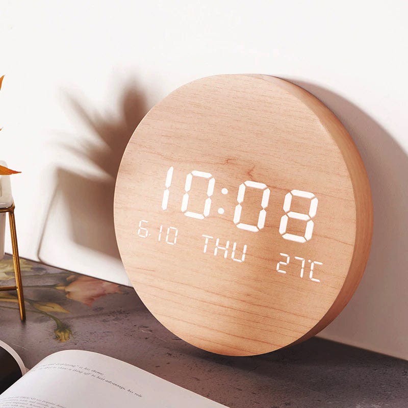 Tempus Round Digital Clock – LED Wooden Alarm Clock Temperature Display Bedroom Office Desk Decor