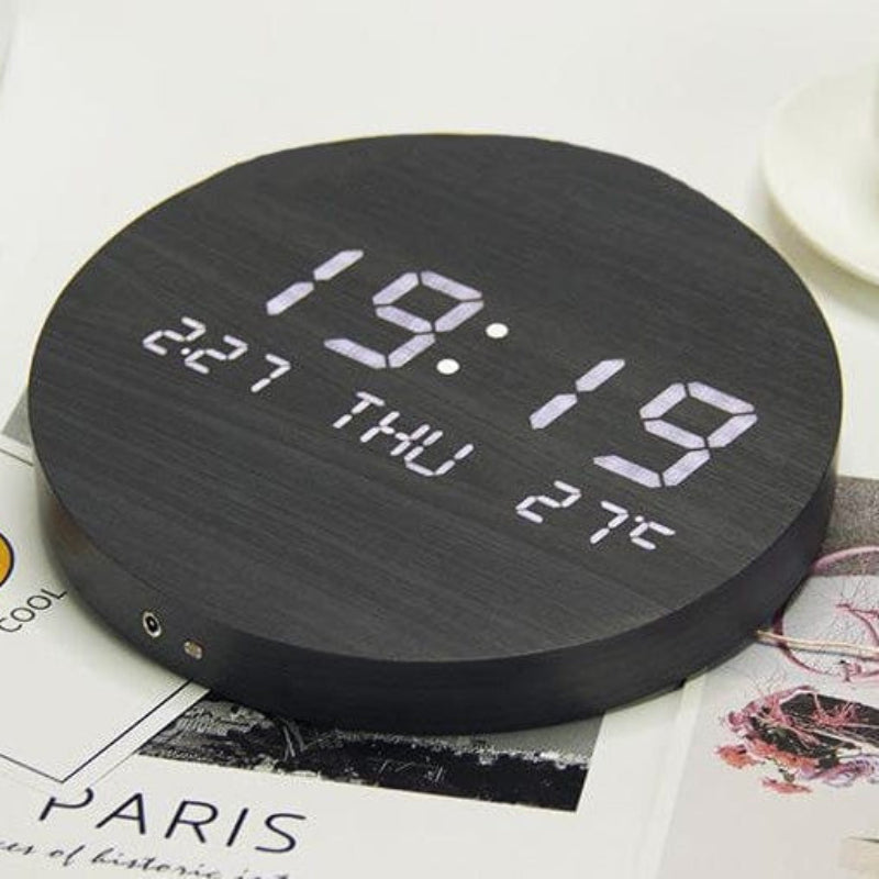 Tempus Round Digital Clock – LED Wooden Alarm Clock Temperature Display Bedroom Office Desk Decor