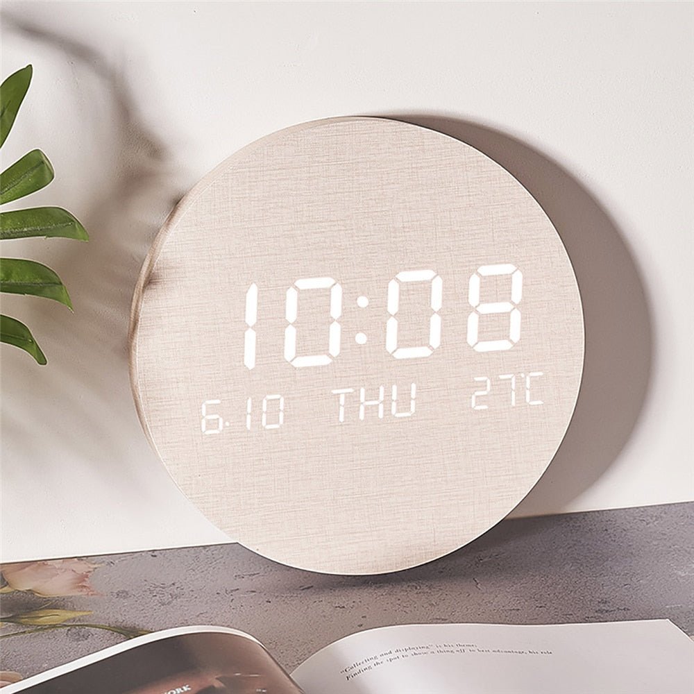Tempus Round Digital Clock – LED Wooden Alarm Clock Temperature Display Bedroom Office Desk Decor