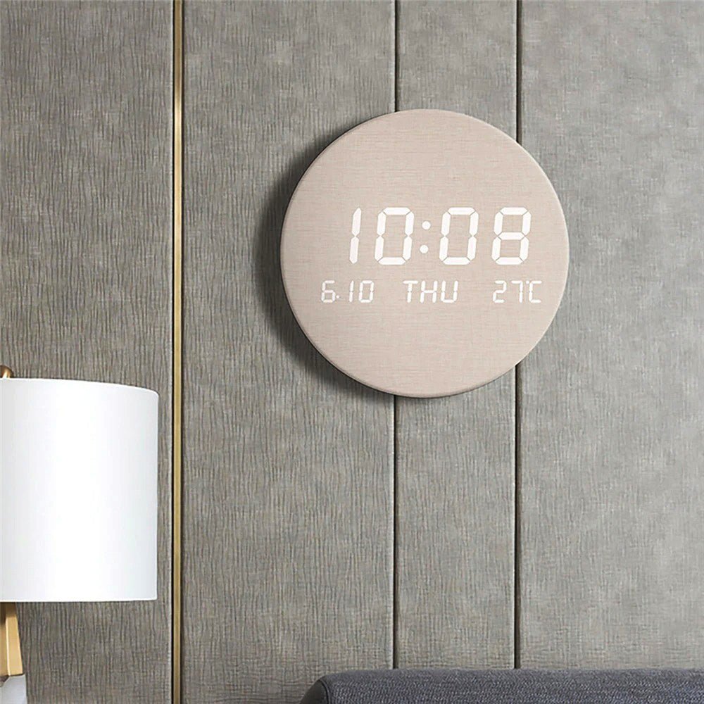 Tempus Round Digital Clock – LED Wooden Alarm Clock Temperature Display Bedroom Office Desk Decor