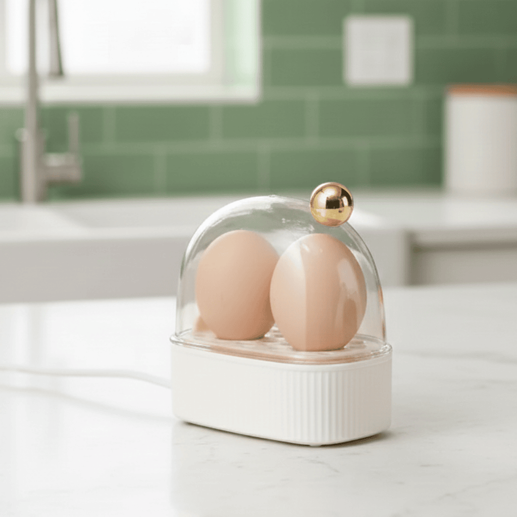 Ribben Dome Egg Cooker – Electric Compact Kitchen Appliance Two Egg Capacity Glass Lid White Ceramic