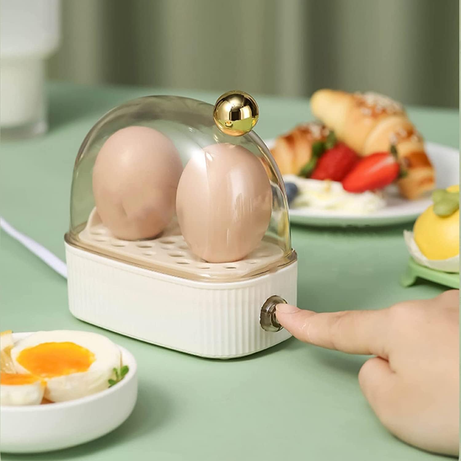 Ribben Dome Egg Cooker – Electric Compact Kitchen Appliance Two Egg Capacity Glass Lid White Ceramic
