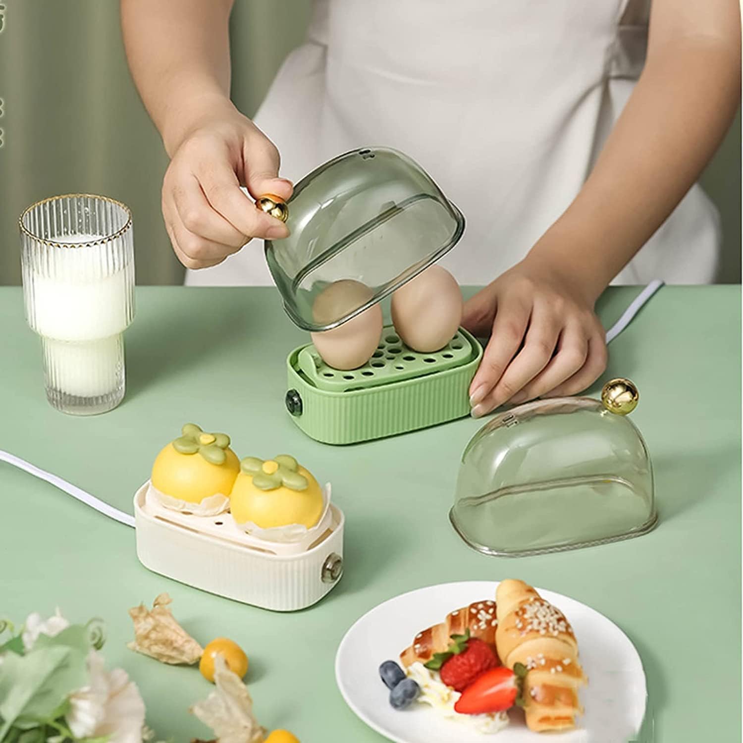 Ribben Dome Egg Cooker – Electric Compact Kitchen Appliance Two Egg Capacity Glass Lid White Ceramic